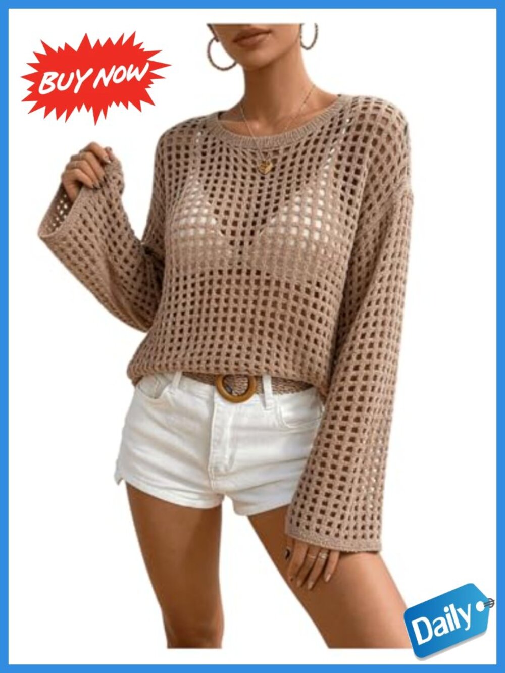 Crochet Hollow Out Knit Pullover Sweater Long Sleeve Crew Neck Loose Fit